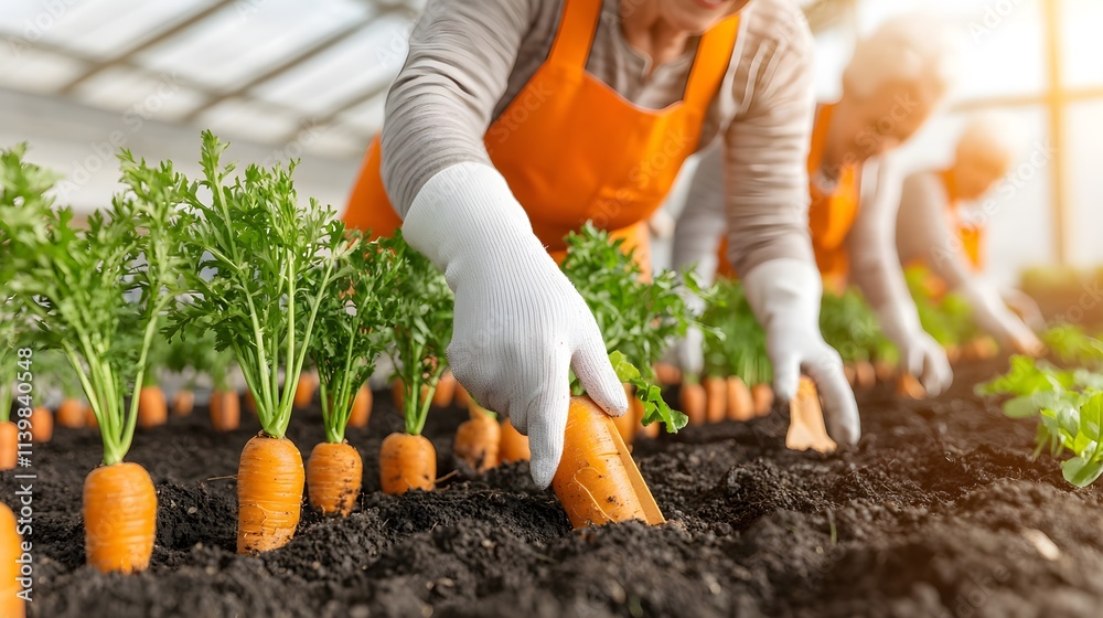 Fototapeta premium Panoramic shot of seniors gardening, bright and cheerful setting, complemented by a sharp, expressive head-shot of a smiling participant