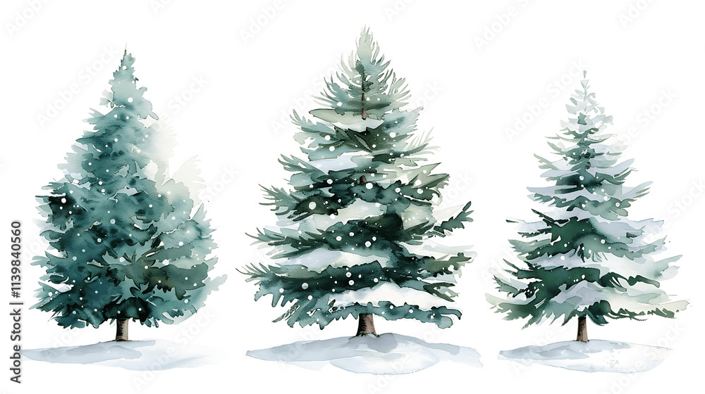 Obraz premium Set of Watercolor Christmas tree, isolated on a white background, Christmas tree painting. Merry Christmas