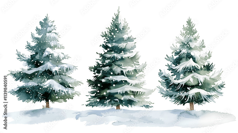 Fototapeta premium Set of Watercolor Christmas tree, isolated on a white background, Christmas tree painting. Merry Christmas
