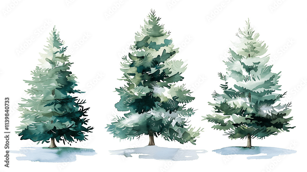 Fototapeta premium Set of Watercolor Christmas tree, isolated on a white background, Christmas tree painting. Merry Christmas