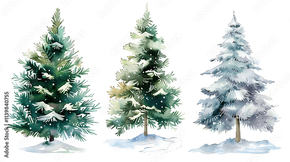 Obraz premium Set of Watercolor Christmas tree, isolated on a white background, Christmas tree painting. Merry Christmas