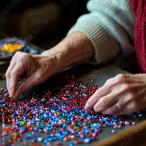 senior woman sorting colorful beads for a jewelry-making project, soft focus on her hands and workspace.