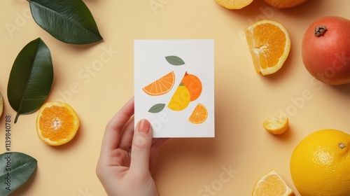 A hand holding a card with a drawing of an orange and a leaf