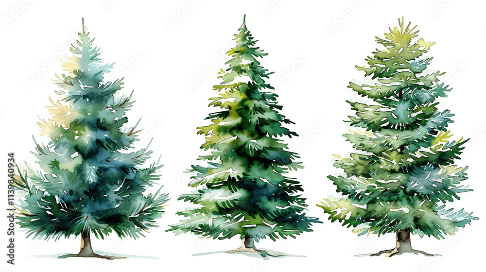 Obraz premium Set of Watercolor Christmas tree, isolated on a white background, Christmas tree painting. Merry Christmas