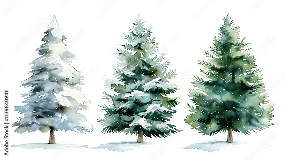 Fototapeta premium Set of Watercolor Christmas tree, isolated on a white background, Christmas tree painting. Merry Christmas