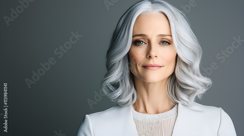 Portrait of a silver-haired woman, close-up capturing confident gaze and soft lighting, neutral background enhancing facial details photo