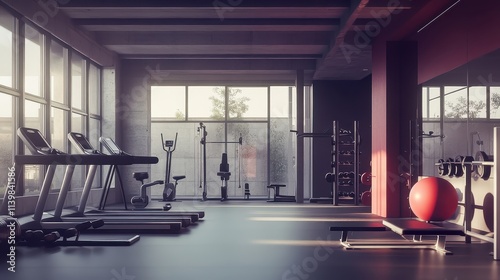 A gym with a red ball and a row of treadmills