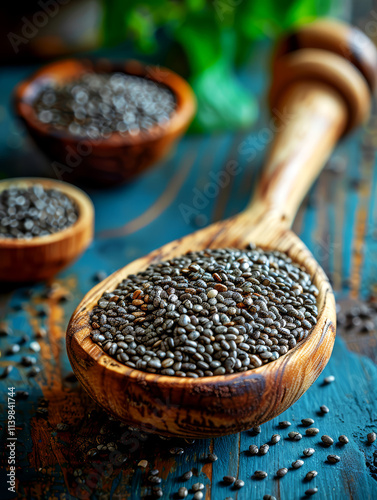 Black chia seeds on a dark background. 