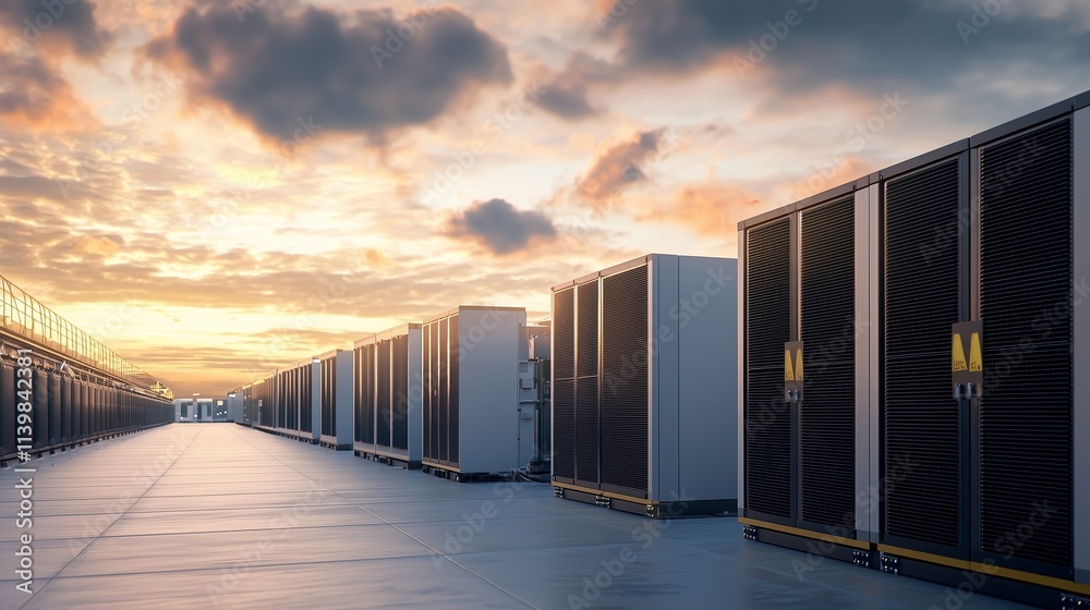 Large battery storage facility under a sunset sky, symbolizing sustainable energy solutions. Large battery storage facility under a sunset sky, symbolizing sustainable energy solutions.