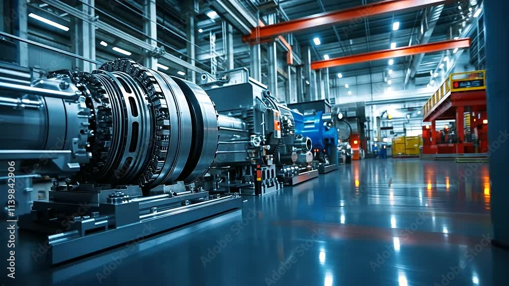 A large, heavily engineered air compressor system emitting soft mechanical hums, set within the polished interior of a modernized factory.