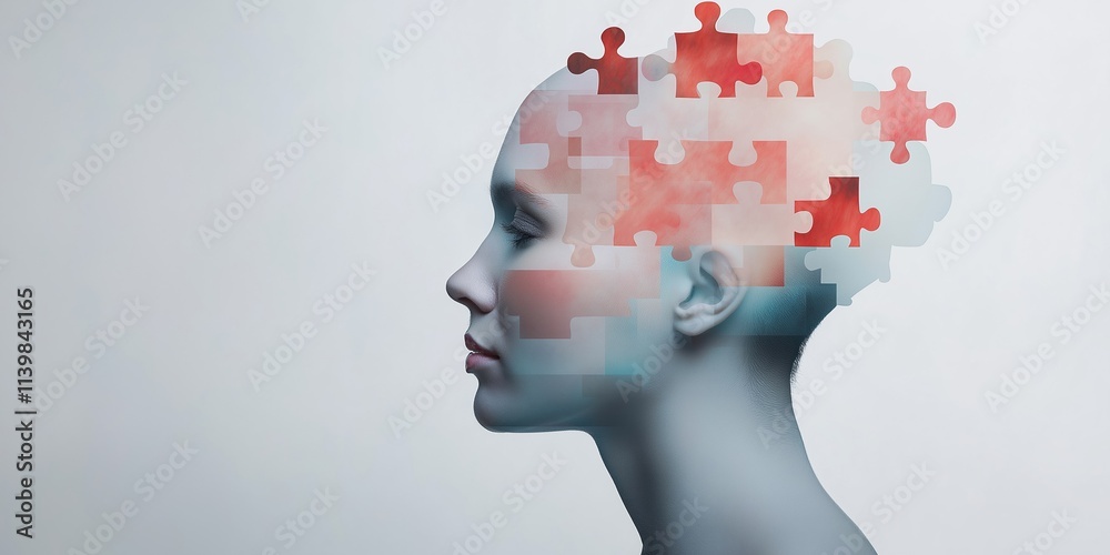 A woman's face is shown in a puzzle form, with the pieces of the puzzle representing the different parts of her brain A woman's face is shown in a puzzle form, with the pieces of the puzzle representing the different parts of her brain