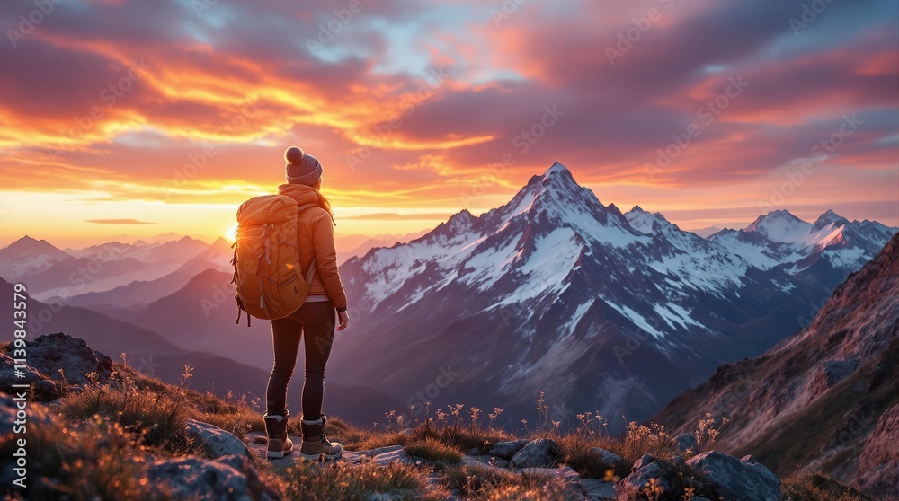 Hiker Woman Enjoying Mountain Vista at Sunset Hiker Woman Enjoying Mountain Vista at Sunset