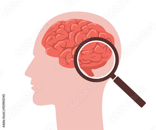 Brain anatomy. Human head with magnifier. Neurology disease diagnostics. Side view. Vector illustration in flat cartoon style.