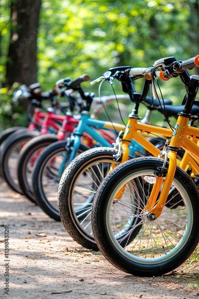 Row of colorful bicycles lined up in park, focus on front wheels. Row of colorful bicycles lined up in park, focus on front wheels.