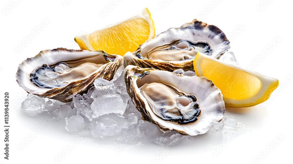 seafood arrangement, four oysters on ice, lemon wedges for garnish, crisp and refreshing, isolated on white background seafood arrangement, four oysters on ice, lemon wedges for garnish, crisp and refreshing, isolated on white background