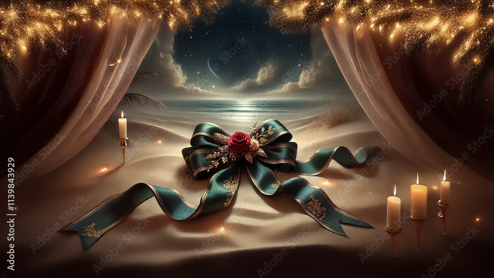Φωτογραφία A romantic, high-quality, realistic scene featuring a luxurious dark green fabric ribbon with gold accents and serenely standing red roses
