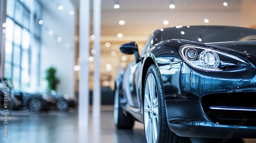 Fototapeta premium Black sports car showcased in bright showroom, sleek design focus.