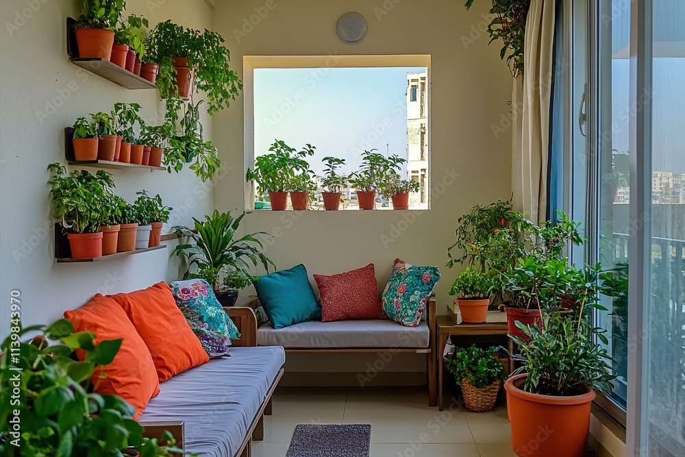 Cozy balcony garden with plants and comfortable seating Cozy balcony garden with plants and comfortable seating