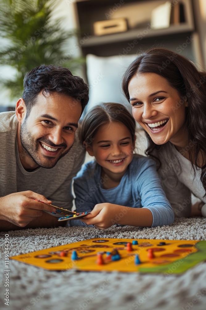 Fototapeta premium Family playing board game on floor, smiling together, cozy home.