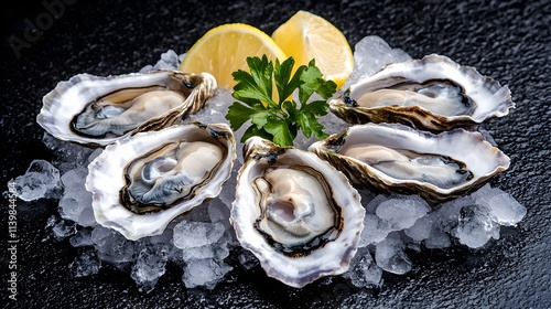 Six oysters nestled on ice with fresh lemon wedges, detailed close-up showing texture and freshness, designed for culinary appeal photo