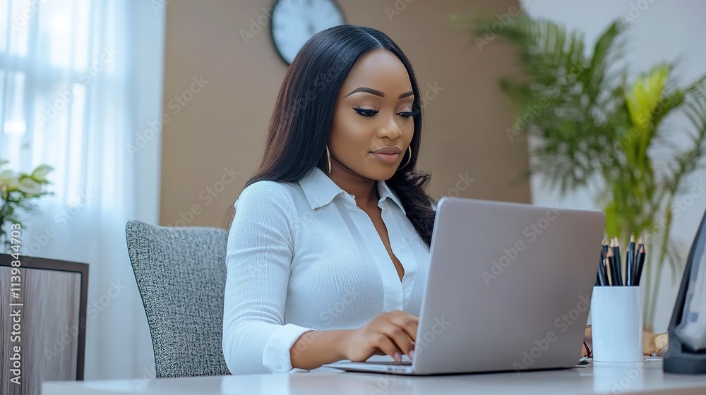 Focused woman working on laptop in modern office Focused woman working on laptop in modern office