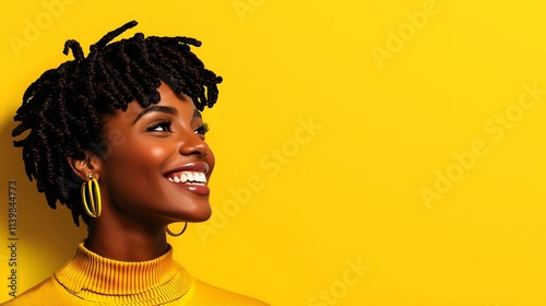Smiling African American woman with locs, soft highlights and shadows bringing out her joyful expression, digital art in warm tones