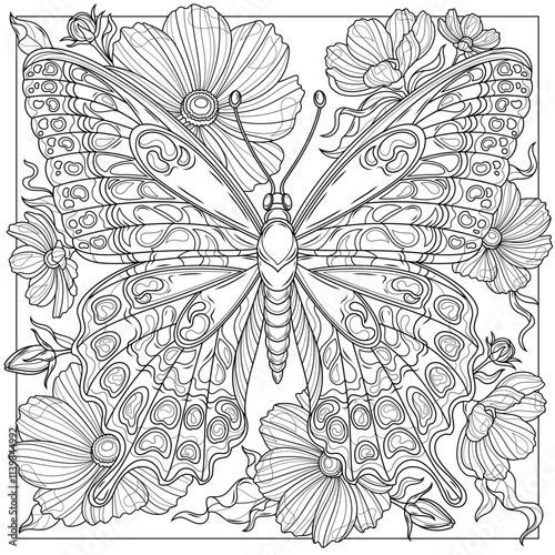 Butterfly and flowers.Coloring book antistress for children and adults.