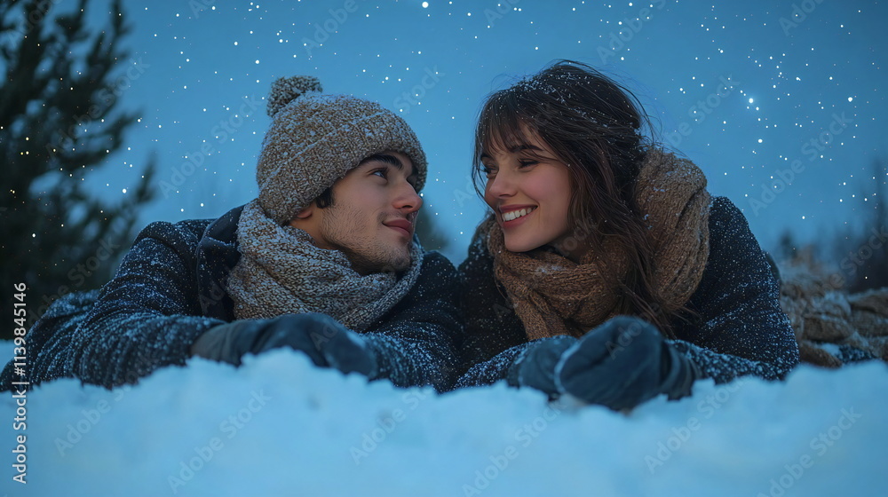 Obraz premium Couple sharing a warm moment surrounded by snow under a starry winter sky