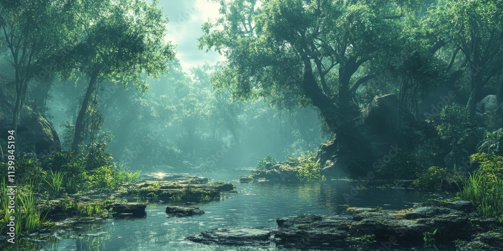 Lush Green Forest with Serene Water Reflection in Soft Light Lush Green Forest with Serene Water Reflection in Soft Light
