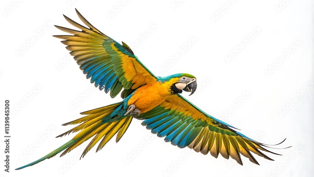 Obraz premium A vibrant photostock image of a colorful parrot in mid-flight with its wings fully spread against a white background.