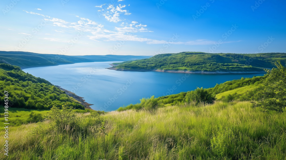 Amazing summer landscape with a wide river and green meadows Amazing summer landscape with a wide river and green meadows