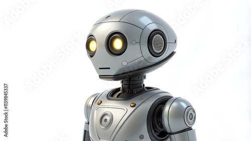 A futuristic photostock image of a robotic assistant with glowing eyes, isolated against a clean white background.