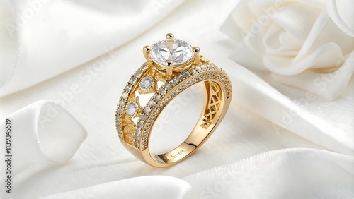 A photostock image of a luxurious golden ring adorned with diamonds, displayed on a white background.