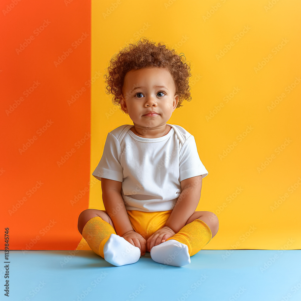 Baby wearing a white shirt and yellow socks sits on a blue Baby wearing a white shirt and yellow socks sits on a blue
