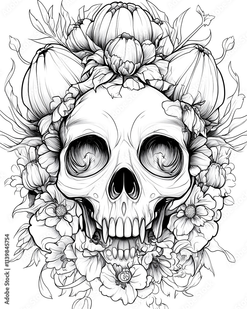 Obraz premium A skull with flowers and leaves surrounding it. The skull is drawn in black and white. The flowers and leaves are drawn in various shades of green and brown. Scene is dark and eerie