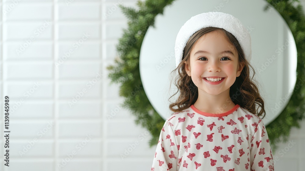 Skincare Routine for Kid and Teen Concept, Smiling Child in Pajamas Posing Playfully in Bathroom Mirror Surrounded by Festive Decorations Skincare Routine for Kid and Teen Concept, Smiling Child in Pajamas Posing Playfully in Bathroom Mirror Surrounded by Festive Decorations