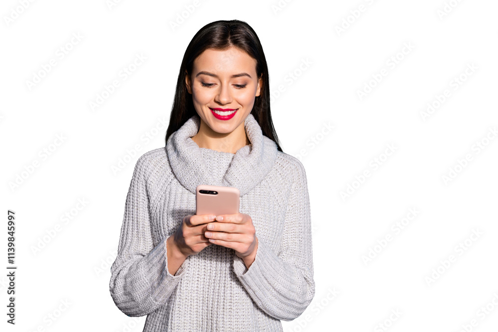 Pretty lady holding telephone hands wear warm knitted pullover isolated blue background Pretty lady holding telephone hands wear warm knitted pullover isolated blue background