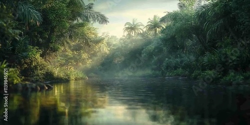 Lush Amazon Forest Reflected in Calm Water with Morning Mist