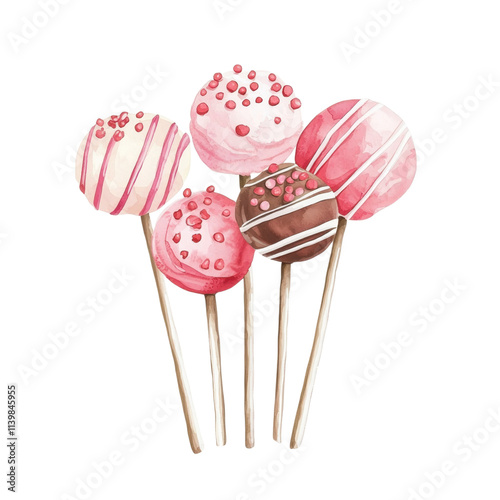 Colorful cake pops on sticks, decorated with swirls and sprinkles, showcasing a delightful assortment of pink and brown hues, white background, transparent background.