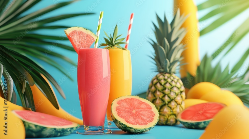 Fototapeta premium Two glasses of fruit juice with a slice of watermelon in each