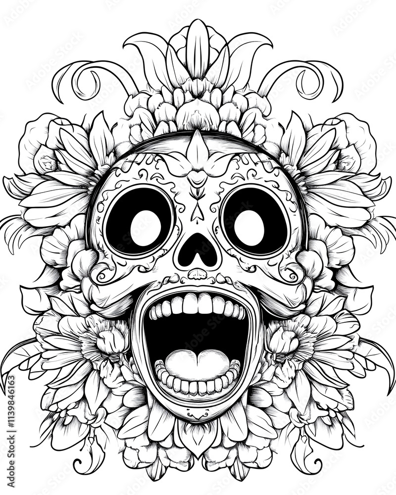 Fototapeta premium A skull with flowers and leaves surrounding it. The skull has a mouth open and a heart in the middle of the mouth. The flowers and leaves are in various sizes and are scattered around the skull