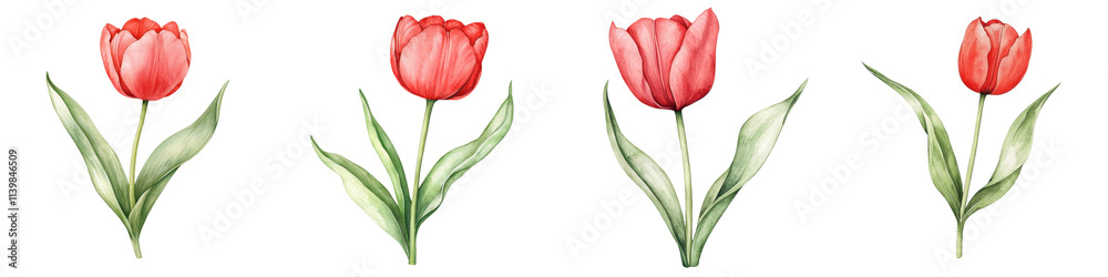 Fototapeta premium A series of four vibrant pink tulips with lush green leaves, showcasing their beauty and elegance, white background, transparent background.