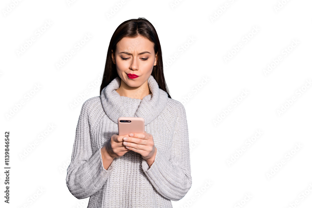 Pretty lady holding telephone hands have doubts about boyfriend sms wear warm knitted pullover isolated blue background Pretty lady holding telephone hands have doubts about boyfriend sms wear warm knitted pullover isolated blue background