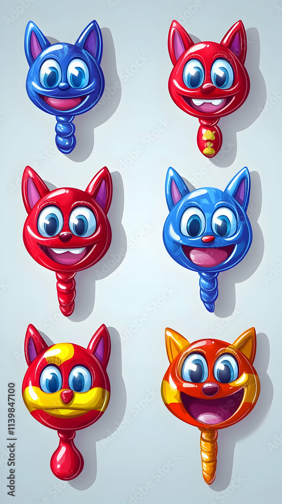 custom made wallpaper toronto digitalSix cute cartoon cat heads in red, blue, and orange colors, with playful expressions and spiral tails, suitable for children's games or design elements.