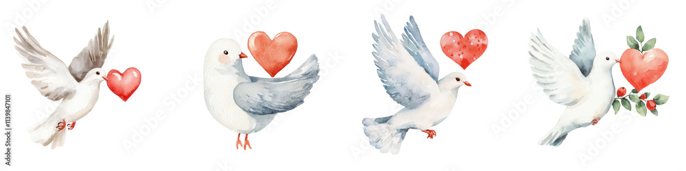 Fototapeta premium Four white doves are depicted, each holding a heart, symbolizing love and peace, white background, transparent background.