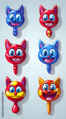 Wallpaper Mural Six cute cartoon cat heads in red, blue, and orange colors, with playful expressions and spiral tails, suitable for children's games or design elements. Torontodigital.ca