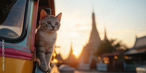 A medium shot of a Thai cat leaning out of a brightly painted tuk-tuk, photo