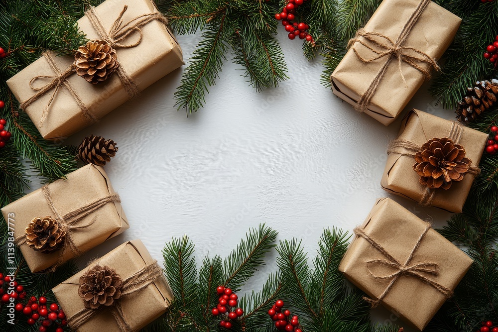 Christmas composition with gifts, fir branches, and red berries on white background. Flat lay style with space for text, festive card concept. Christmas composition with gifts, fir branches, and red berries on white background. Flat lay style with space for text, festive card concept.