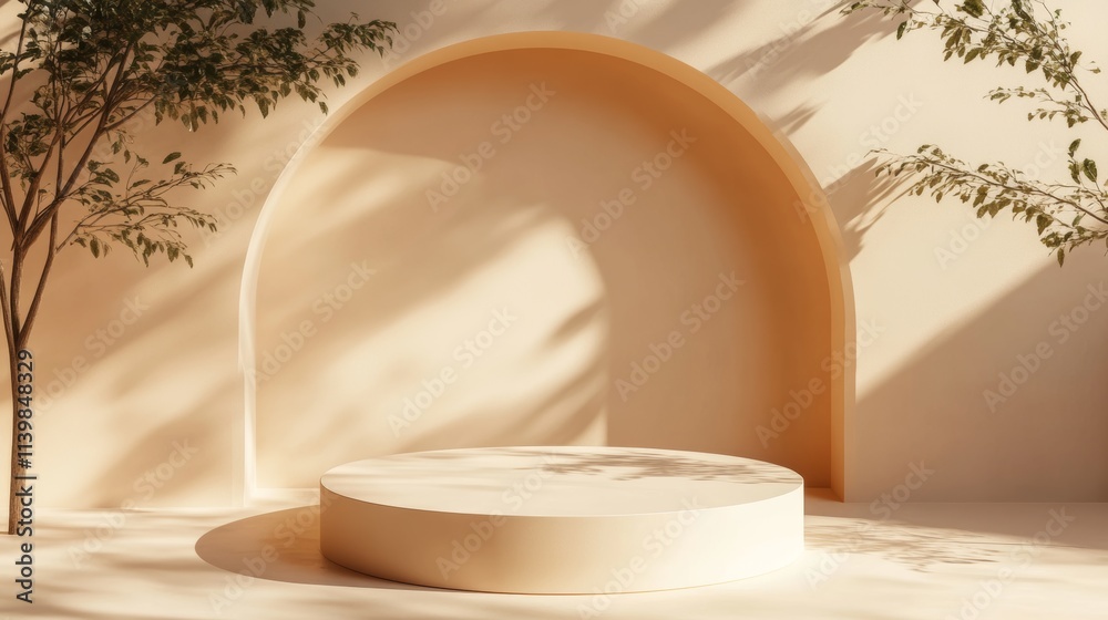 Beige Minimalist Product Display with Plants and Shadows. 3D Product Podium. Beige Minimalist Product Display with Plants and Shadows. 3D Product Podium.