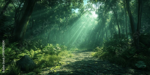 Lush Green Amazon Forest with Sunlight Streaming Through Trees